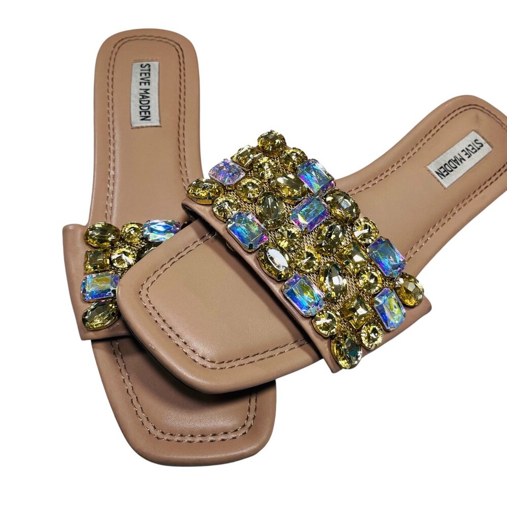 Steve Madden Brionna Rhinestone Slip on Flat Sandals Gold and Tan Women Size 9